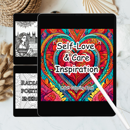 Coloring book titled 'Self-Love & Care Inspiration' on a tablet with a stylus, on a marble surface.
