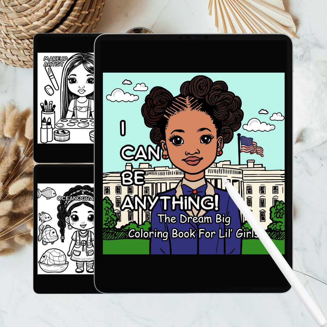 Tablet displaying a coloring book for children with a girl in front of the White House, surrounded by feathers and a woven basket.