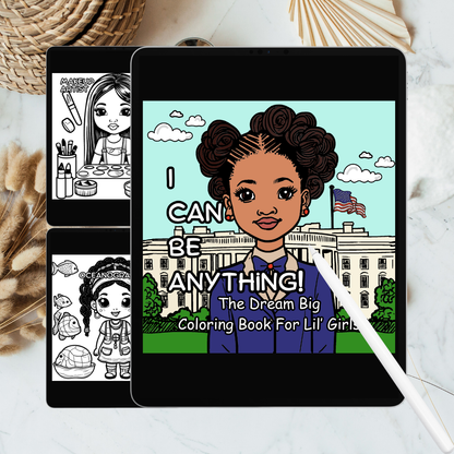 Tablet displaying a coloring book for children with a girl in front of the White House, surrounded by feathers and a woven basket.