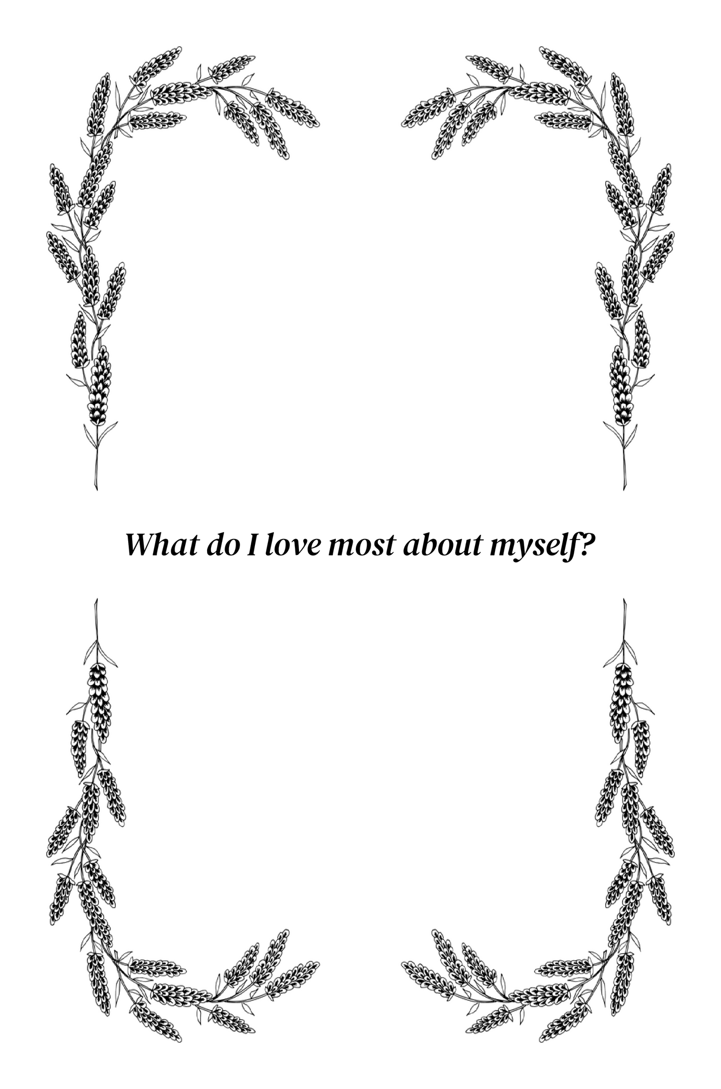 Decorative wreath with text 'What do I love most about myself?' on a white background