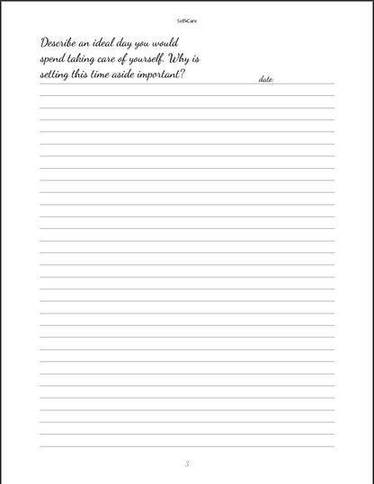 Self-care worksheet with text and lined area for writing.