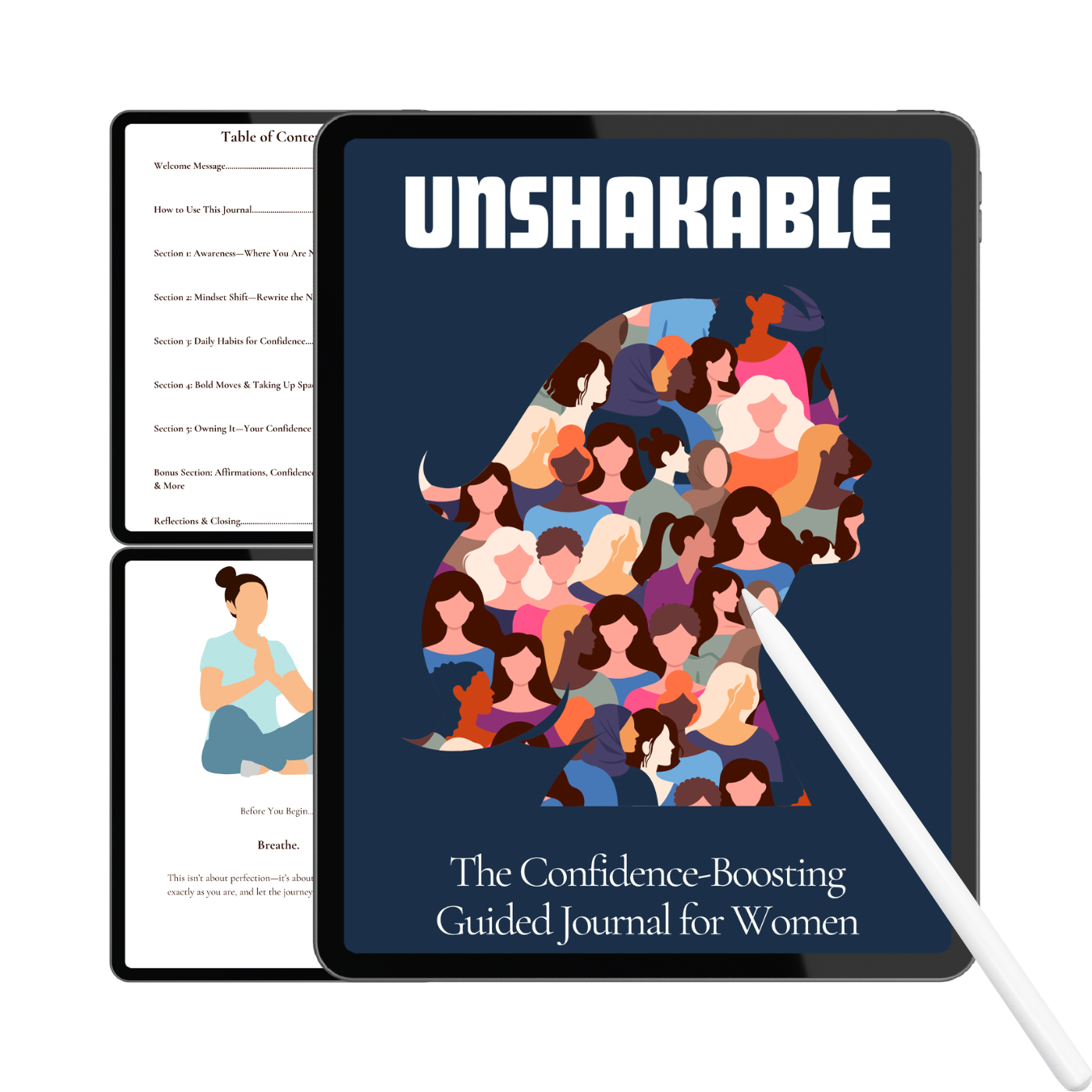 Digital version of 'Unshakable' guided journal for women on a tablet with a stylus.