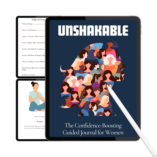 Digital version of 'Unshakable' guided journal for women on a tablet with a stylus.